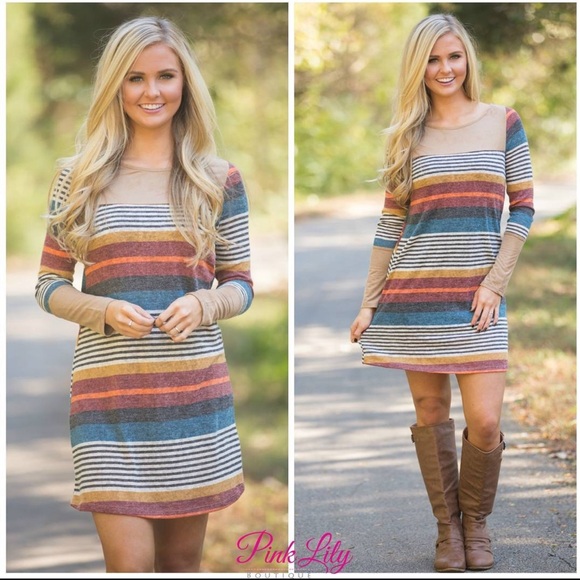 Navy blue, red, orange, beige striped fall colored dress - Picture 9 of 10